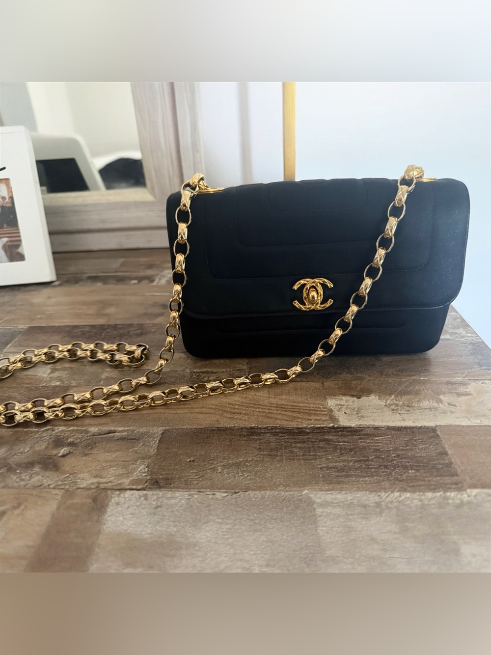 Authentic Vintage Chanel Black Satin Fabric Flap Bag w/ Bijoux Chain